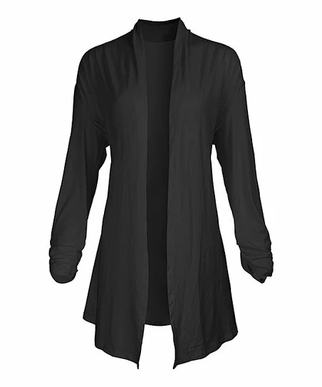 Lily | Black Ruched-Sleeve Open Cardigan - Women 1 Lily | Black Ruched-Sleeve Open Cardigan - Women