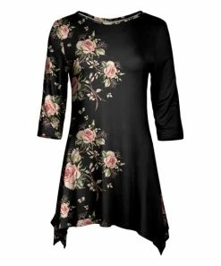 Lily | Black & Coral Floral Three-Quarter Sleeve Sidetail Tunic - Women & Plus