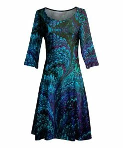 Lily | Teal & Turquoise Abstract Three-Quarter Sleeve A-Line Dress - Women & Plus
