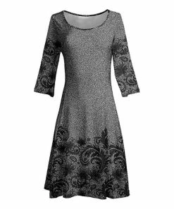 Lily | Black & Gray Paisley Three-Quarter Sleeve A-Line Dress - Women & Plus
