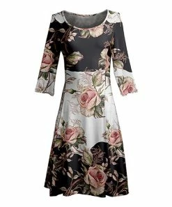 Lily | White & Rose Floral Block Three-Quarter Sleeve A-Line Dress - Women & Plus