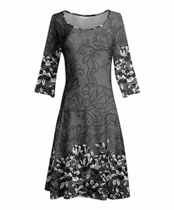 Lily | Gray & White Floral Three-Quarter Sleeve A-Line Dress - Women & Plus