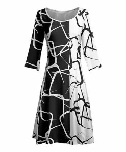 Lily | Black & White Geometric Three-Quarter Sleeve A-Line Dress - Women & Plus