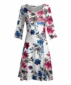 Lily | White & Pink Three-Quarter Sleeve A-Line Dress - Women & Plus