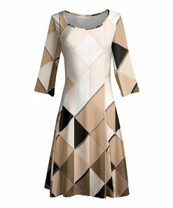 Lily | Beige & Black Geometric Three-Quarter Sleeve A-Line Dress - Women & Plus