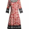 Lily | Red & Black Scarf Print Three-Quarter Sleeve A-Line Dress - Women & Plus