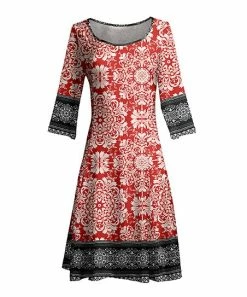 Lily | Red & Black Scarf Print Three-Quarter Sleeve A-Line Dress - Women & Plus