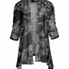 Lily | Black & White Rose Drawing Ruched Half-Sleeve Open Cardigan - Plus