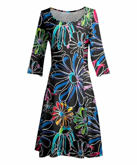 Lily | Black Floral Outline Three-Quarter Sleeve A-Line Dress - Women 1 Lily | Black Floral Outline Three-Quarter Sleeve A-Line Dress - Women