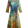 Lily | Green & Gold Floral Field Three-Quarter Sleeve A-Line Dress - Women & Plus