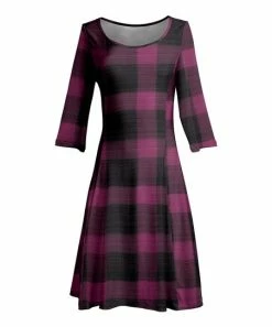 Lily | Black & Mauve Buffalo Check Three-Quarter Sleeve A-Line Dress - Women & Plus