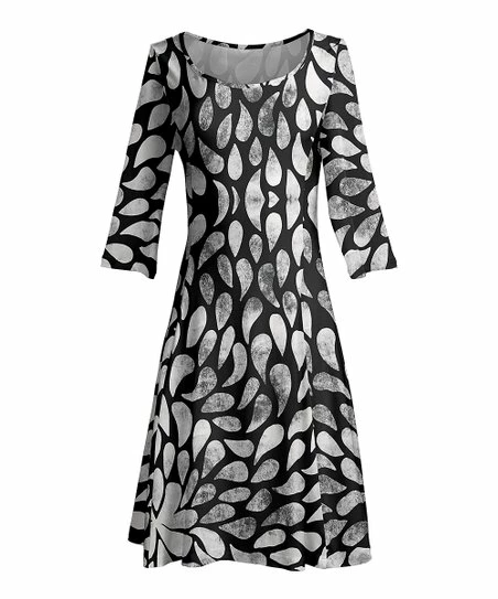 Lily | Black & White Floral Three-Quarter Sleeve A-Line Dress - Women 1 Lily | Black & White Floral Three-Quarter Sleeve A-Line Dress - Women