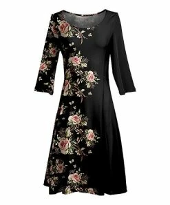 Lily | Black Floral Three-Quarter Sleeve A-Line Dress - Women & Plus