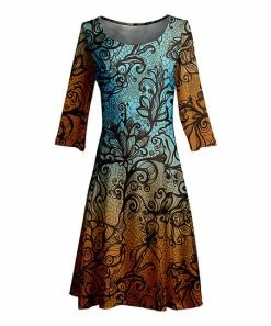 Lily | Blue & Brown Floral Three-Quarter Sleeve A-Line Dress - Women & Plus