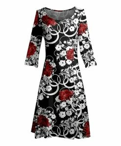 Lily | Red & White Floral Three-Quarter Sleeve A-Line Dress - Women & Plus