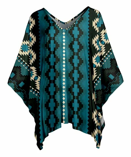 Lily | Teal & Black Vertical Geometric Stripe Poncho Tunic - Women 1 Lily | Teal & Black Vertical Geometric Stripe Poncho Tunic - Women