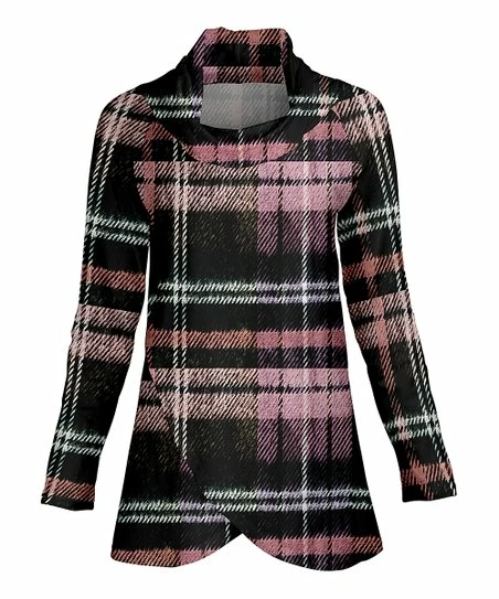 Lily | Black & Pink Plaid Tulip-Hem Cowl Neck Tunic - Plus 1 Lily | Black & Pink Plaid Tulip-Hem Cowl Neck Tunic - Plus
