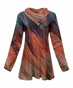 Lily | Red & Blue Feathers Button-Accent Cowl Neck Tunic - Plus