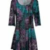 Lily | Teal & Purple Floral Three-Quarter Sleeve Pleated-Waist Tunic - Women