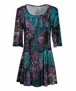 Lily | Teal & Purple Floral Three-Quarter Sleeve Pleated-Waist Tunic - Women