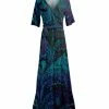 Lily | Teal & Purple Feather Half-Sleeve Wrap Maxi Dress - Women