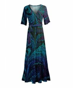 Lily | Teal & Purple Feather Half-Sleeve Wrap Maxi Dress - Women