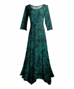 Lily | Teal & Black Floral Three-Quarter Sleeve Handkerchief Dress - Plus