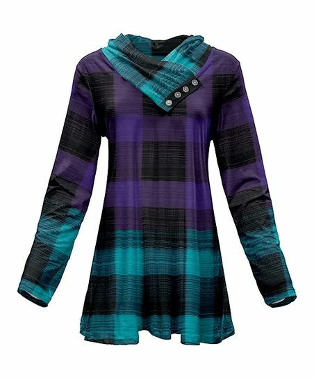 Lily | Purple & Turquoise Button Shawl Collar Tunic - Plus 1 Lily | Purple & Turquoise Button Shawl Collar Tunic - Plus