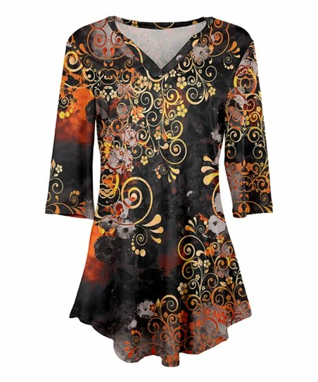 Lily | Orange & Black Abstract Three-Quarter Sleeve V-Neck Tunic - Women & Plus 1 Lily | Orange & Black Abstract Three-Quarter Sleeve V-Neck Tunic - Women & Plus