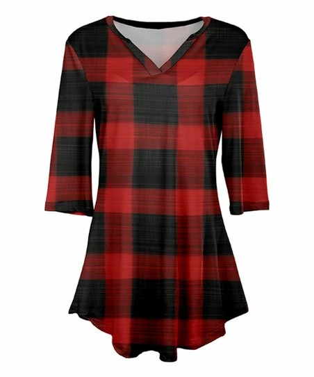 Lily | Red & Black Plaid Three-Quarter Sleeve V-Neck Tunic - Women 1 Lily | Red & Black Plaid Three-Quarter Sleeve V-Neck Tunic - Women