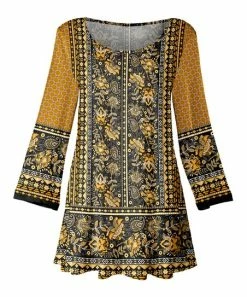 Lily | Black & Gold Floral & Geometric Scarf Print Scoop Neck Swing Tunic - Women & Plus
