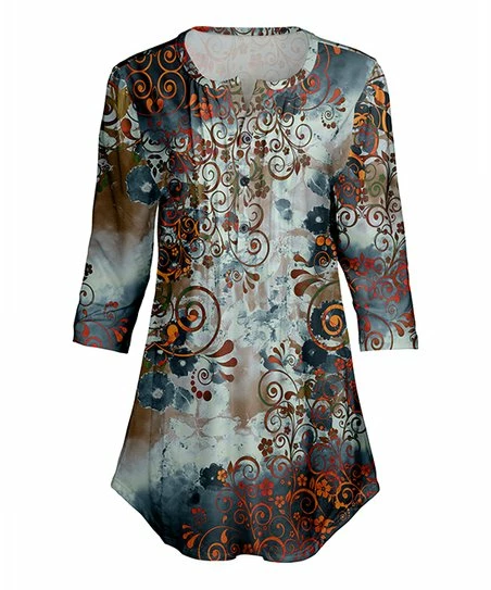 Lily | Navy & Olive Watercolor Floral Scroll Pleated Button-Front Tunic - Women 1 Lily | Navy & Olive Watercolor Floral Scroll Pleated Button-Front Tunic - Women