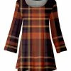 Lily | Orange & Brown Plaid Three-Quarter Sleeve Scoop Neck Swing Tunic - Women & Plus