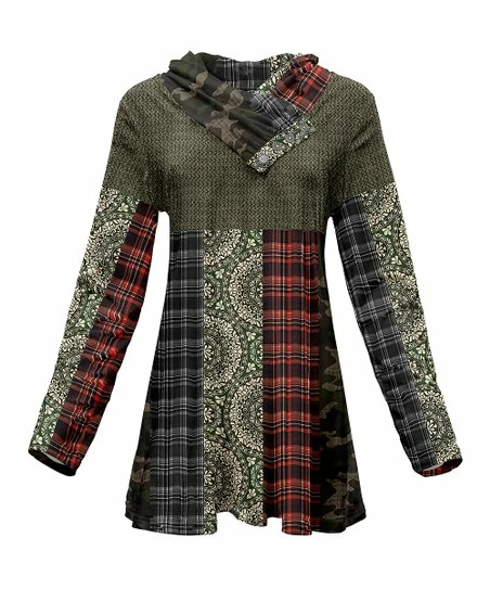 Lily | Olive Plaid & Geometric Button Shawl-Collar Tunic - Women 1 Lily | Olive Plaid & Geometric Button Shawl-Collar Tunic - Women