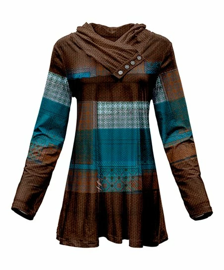 Lily | Brown & Blue Button Shawl-Collar Tunic - Women & Plus 1 Lily | Brown & Blue Button Shawl-Collar Tunic - Women & Plus