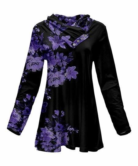 Lily | Black & Purple Floral Button-Accent Cowl Neck Tunic - Plus 1 Lily | Black & Purple Floral Button-Accent Cowl Neck Tunic - Plus