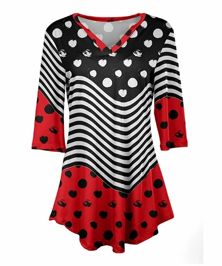 Lily | Black & Red Polka Dot & Stripe Three-Quarter Sleeve V-Neck Tunic - Women & Plus 1 Lily | Black & Red Polka Dot & Stripe Three-Quarter Sleeve V-Neck Tunic - Women & Plus