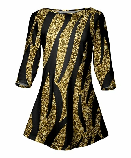 Lily | Black & Gold Zebra Stripes Boatneck Tunic - Women 1 Lily | Black & Gold Zebra Stripes Boatneck Tunic - Women