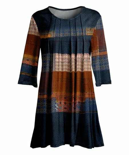 Lily | Blue & Rust Pleated Front Tunic - Plus 1 Lily | Blue & Rust Pleated Front Tunic - Plus
