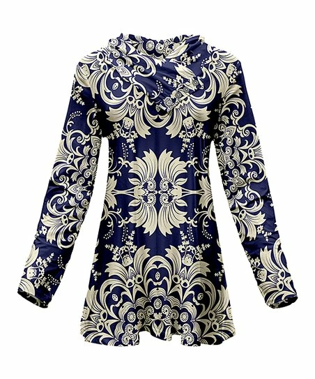 Lily | Blue & Beige Button Shawl Collar Tunic - Women 1 Lily | Blue & Beige Button Shawl Collar Tunic - Women