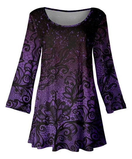 Lily | Black & Purple Floral Scoop Neck Swing Tunic - Women 1 Lily | Black & Purple Floral Scoop Neck Swing Tunic - Women
