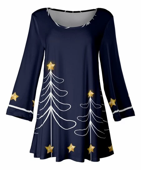 Lily | Navy & Gold Christmas Tree Scoop Neck Swing Tunic - Women & Plus 1 Lily | Navy & Gold Christmas Tree Scoop Neck Swing Tunic - Women & Plus