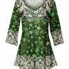 Lily | Green & Cream Color Block-Filigree V-Neck Tunic - Plus