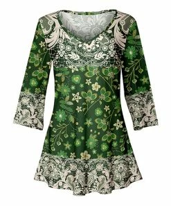 Lily | Green & Cream Color Block-Filigree V-Neck Tunic - Plus