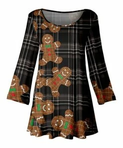 Lily | Black & Brown Gingerbread Boys Plaid Wide-Sleeve Scoop Neck Tunic - Plus