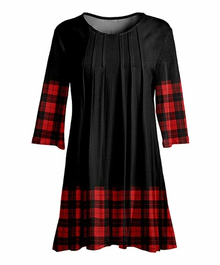 Lily | Black & Red Plaid-Trim Pleated Tunic - Women & Plus 1 Lily | Black & Red Plaid-Trim Pleated Tunic - Women & Plus