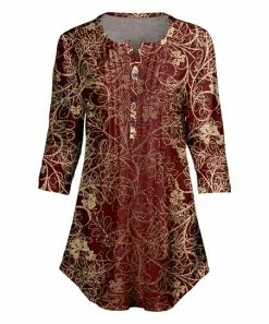 Lily | Burgundy & Gold Leaf Button-Front Tunic - Plus