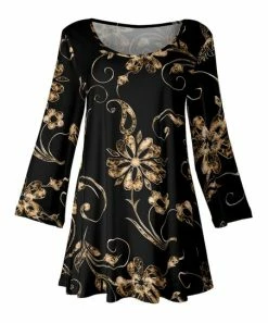 Lily | Black & Gold Floral Three-Quarter Sleeve Scoop Neck Tunic - Plus