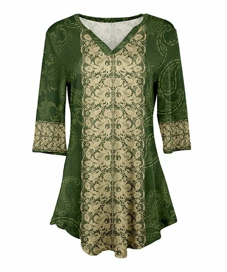 Lily | Cream & Green Paisley Damask V-Neck Tunic - Women & Plus 1 Lily | Cream & Green Paisley Damask V-Neck Tunic - Women & Plus