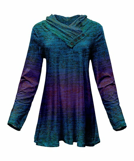 Lily | Teal & Purple Abstract Button Shawl Collar Tunic - Women 1 Lily | Teal & Purple Abstract Button Shawl Collar Tunic - Women